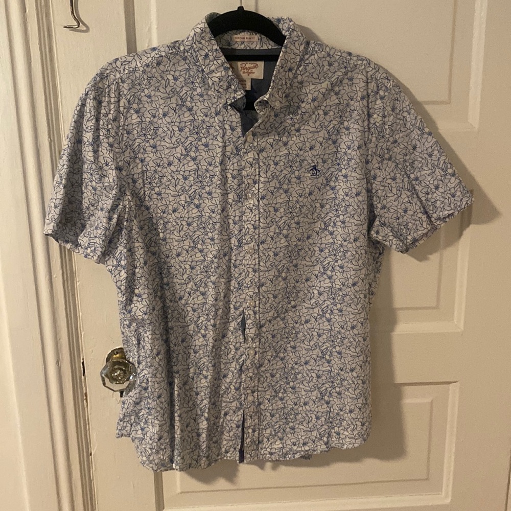 Blue & White Patterned Button Up - Size L Heritage Slim Fit